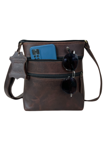 Madosh Genuine Brown Leather Unisex Crossbody Shoulder Sling Small Crossover Side Multiple Pocket Hand Bag